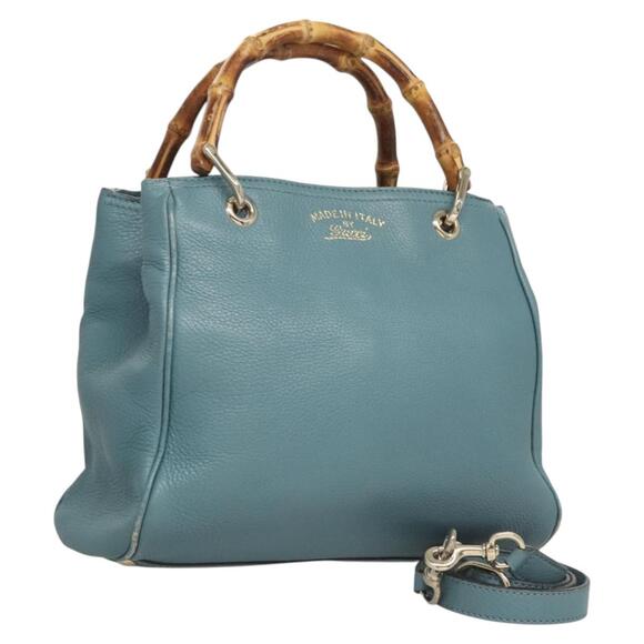 GUCCI Bamboo Hand Bag Leather Blue Silver - Picture 1 of 16